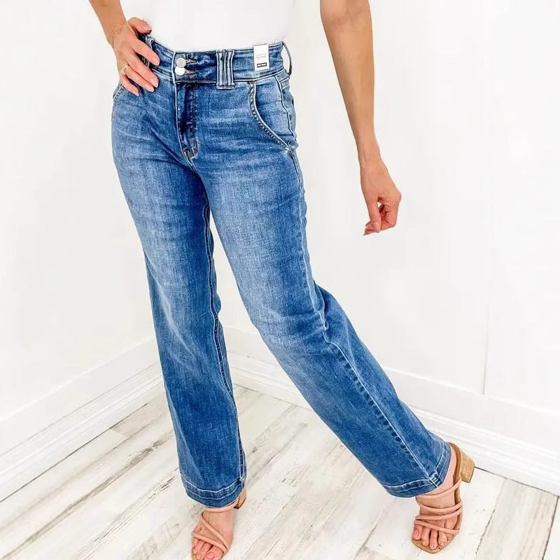 Load image into Gallery viewer, Women's High-Waist Straight Leg Distressed Jeans