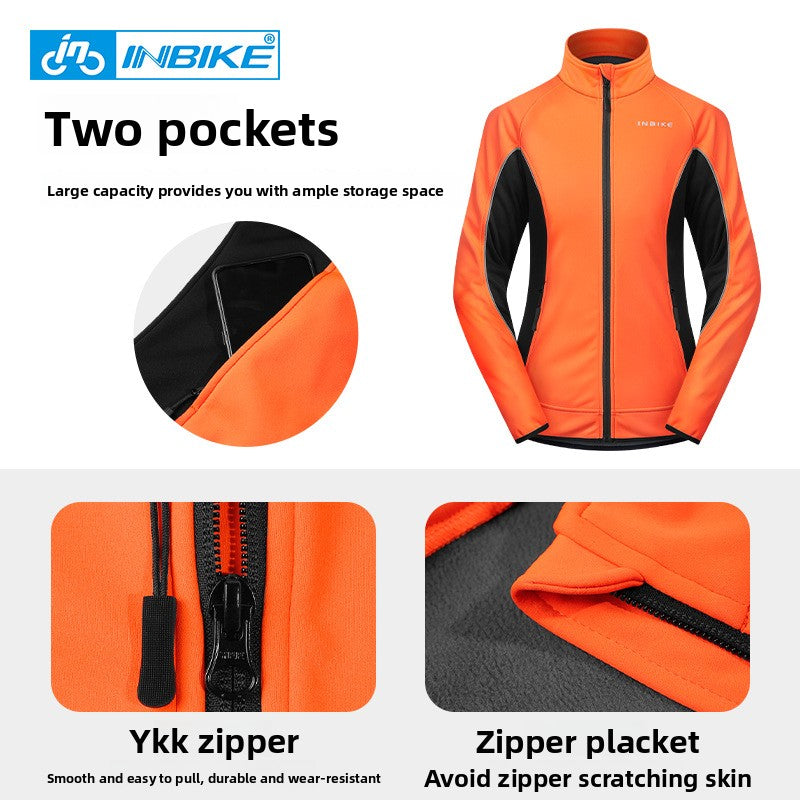 Load image into Gallery viewer, An orange and black INBIKE cycling jacket shown on a white and light gray infographic layout with feature callouts: 'Two pockets,' a close-up of the pocket area, a ykk zipper detail, and a zipper placket detail.