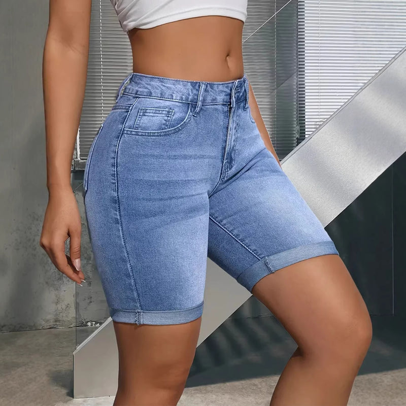 Load image into Gallery viewer, Women's Stretch Denim Shorts — Light Blue
