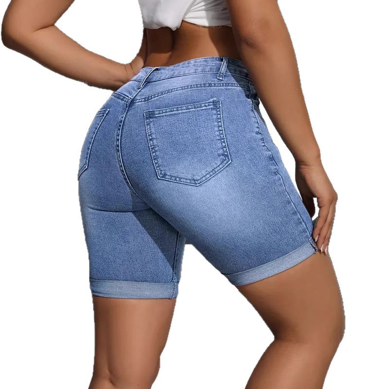 Load image into Gallery viewer, Women's Stretch Denim Shorts — Light Blue