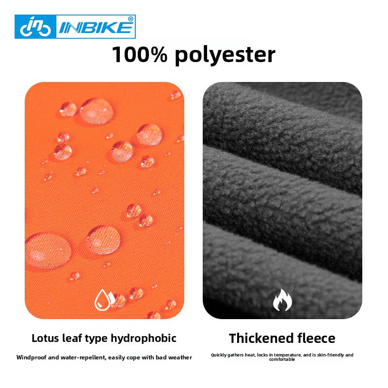 Load image into Gallery viewer, A product feature graphic for an INBIKE 100% polyester jacket, showing two panels: one with an orange water-repellent surface with water droplets labeled 'Lotus leaf type hydrophobic,' and one showing a close-up of thick black fleece texture labeled 'Thickened fleece.'.