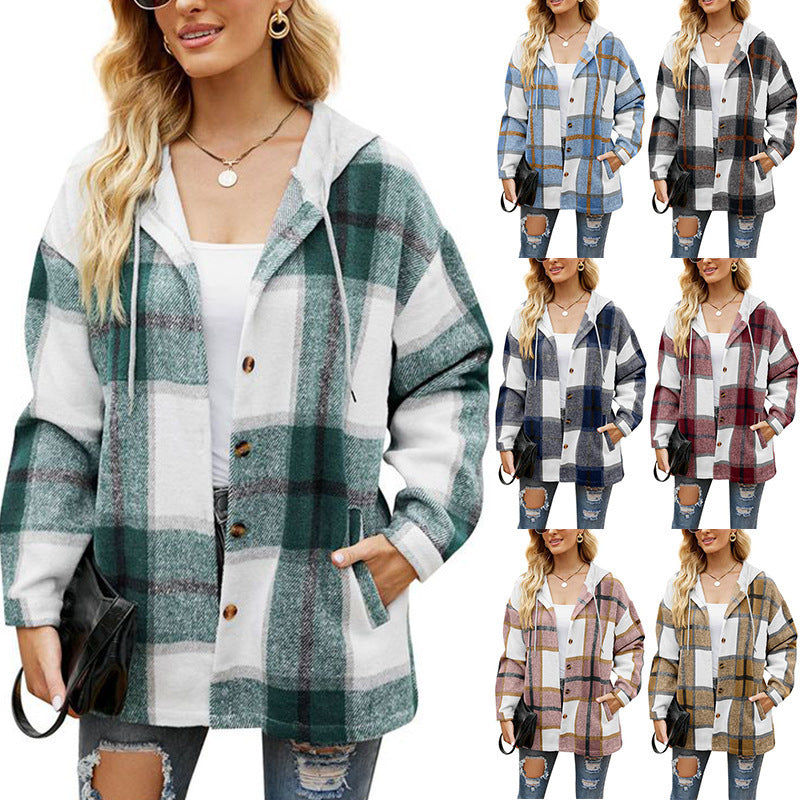 Load image into Gallery viewer, Women's Casual Plaid Hooded Shirt Jacket