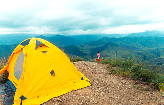 Woman and dog standing near tent on hill