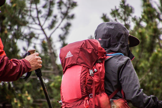 Hiker carrying red backpack on trail