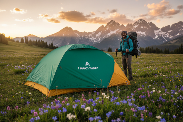 Two-person backpacking tent pitched in an alpine meadow at golden hour