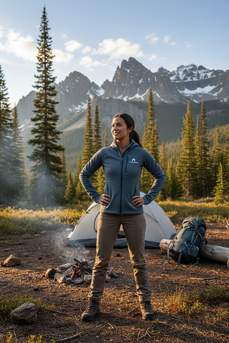 Woman hiker wearing jacket  standing in front of fire pit and tent in the wilderness.