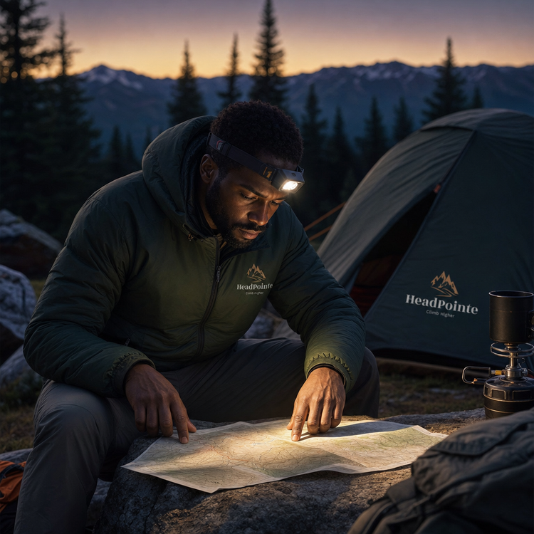 A confident Black man in his late 30s sits at a well-organized basecamp at dusk, wearing a modern LED headlamp strapped to his forehead
