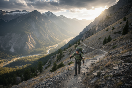 Male hiker walking on trail using trekking poles