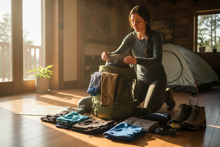 Woman packing apparel into a backpack while preparing for a hiking trip