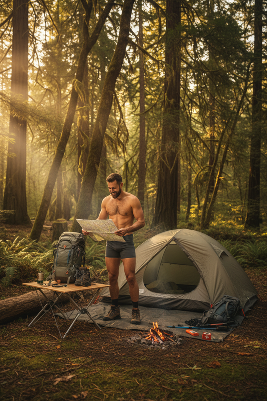 Male camper holding map wearing his underwear at his campsite in the woods