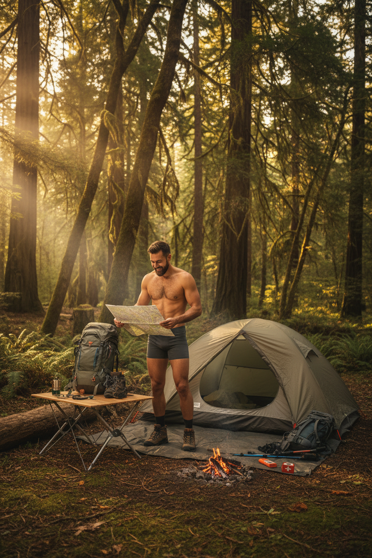 Male camper holding map wearing his underwear at his campsite in the woods