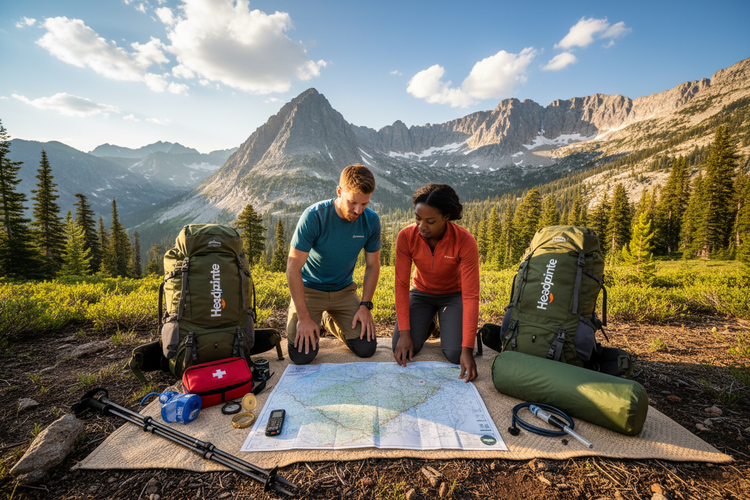 woman walking on trail smiling wearing Green ultra-light Headpointe t-shirt