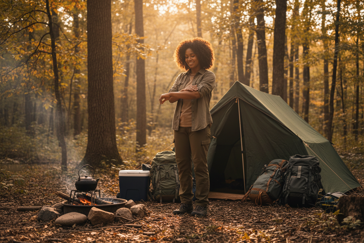 African American woman hiker putting on sunscreen at campsite