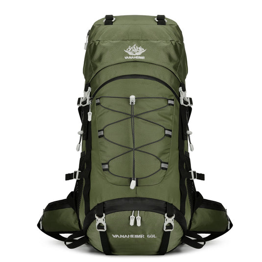 Green hiking backpack with black straps on a white background