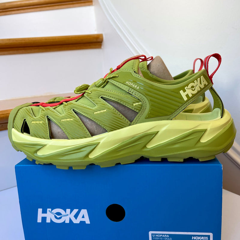Load image into Gallery viewer, Hoka Hopara Hiking Sandal Wet / Dry shoe in Dark Citron Luminary Green
