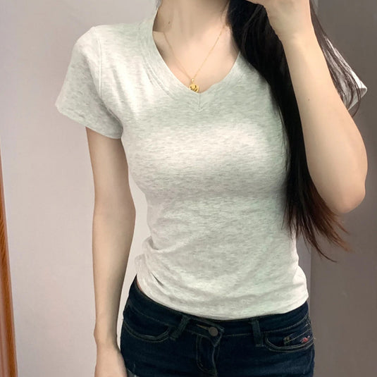 A simple straight-shoulder V-neck base layer top