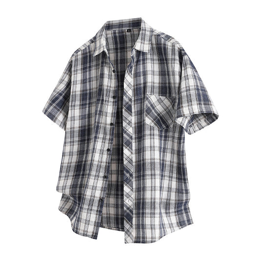Short Sleeve Plaid Lapel Shirt