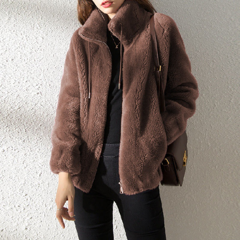 Load image into Gallery viewer, Women Fleece Lined Cardigan Zipper Stand Collar Winter Coat

