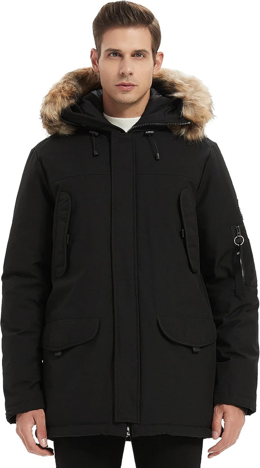 Men's Vegan down Winter Jacket Fur Lined Hooded Long Anorak Parka