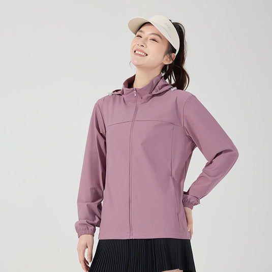 Women's hiking sun jacket in female lavender – movement shot