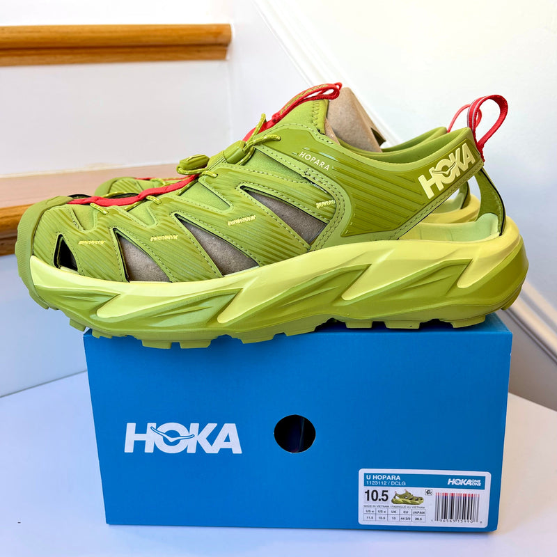 Load image into Gallery viewer, Hoka Hopara Hiking Sandal Wet / Dry shoe in Dark Citron Luminary Green

