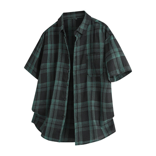 Short Sleeve Plaid Lapel Shirt