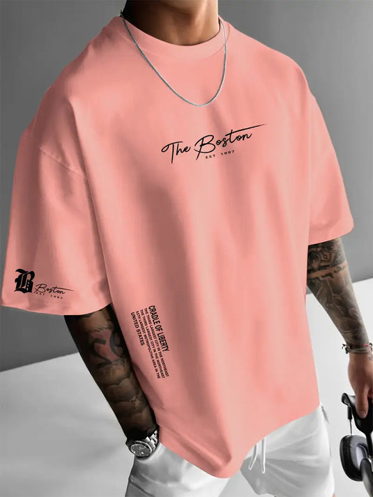 Mens Round Neck Letter Print Cotton T-shirt