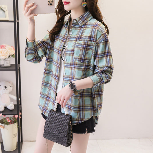 Womens Plaid Long Sleeve Loose Fit Shirt