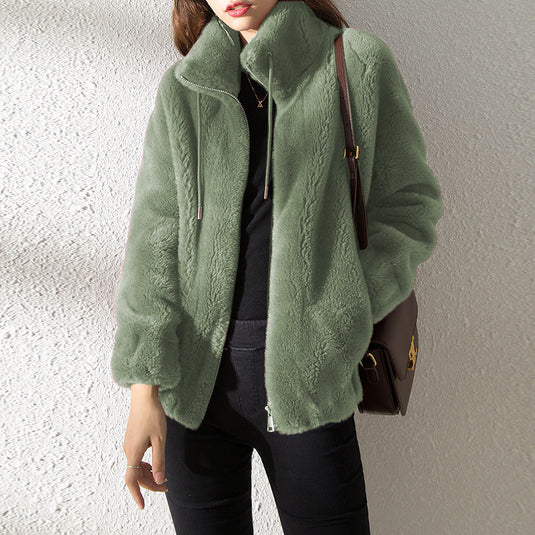 Women Fleece Lined Cardigan Zipper Stand Collar Winter Coat