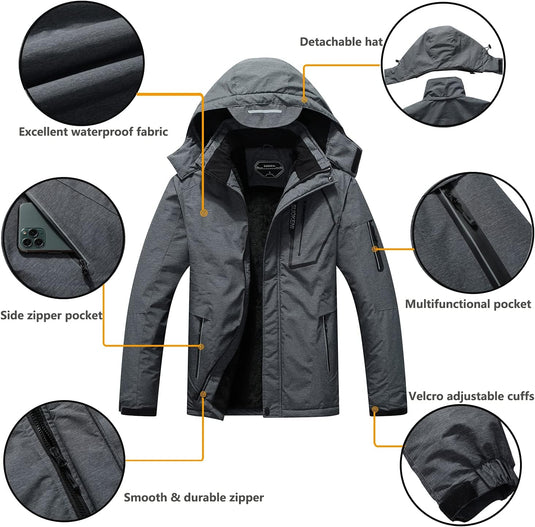 Men'S Waterproof Ski Jacket Warm Winter Snow Coat Hooded Raincoat