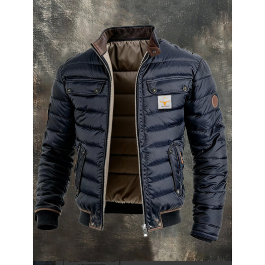 Men's Retro Quilted Zip-Up Jacket with Cotton Filling