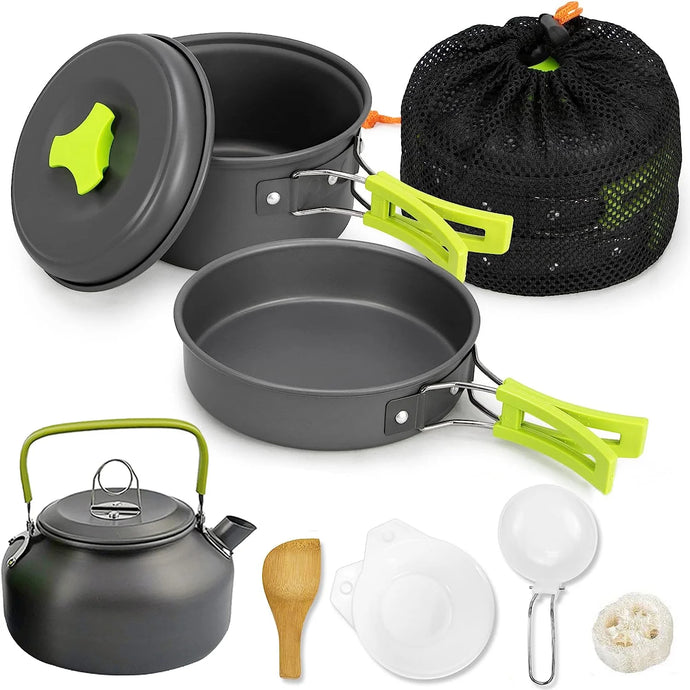 Camping Cookware Set, 10 PCS Camping Cookware Mess Kit Camping Gear with Pot Pans Kettle, Camping Cooking Set for Backpacking Outdoor Camping Hiking Picnic