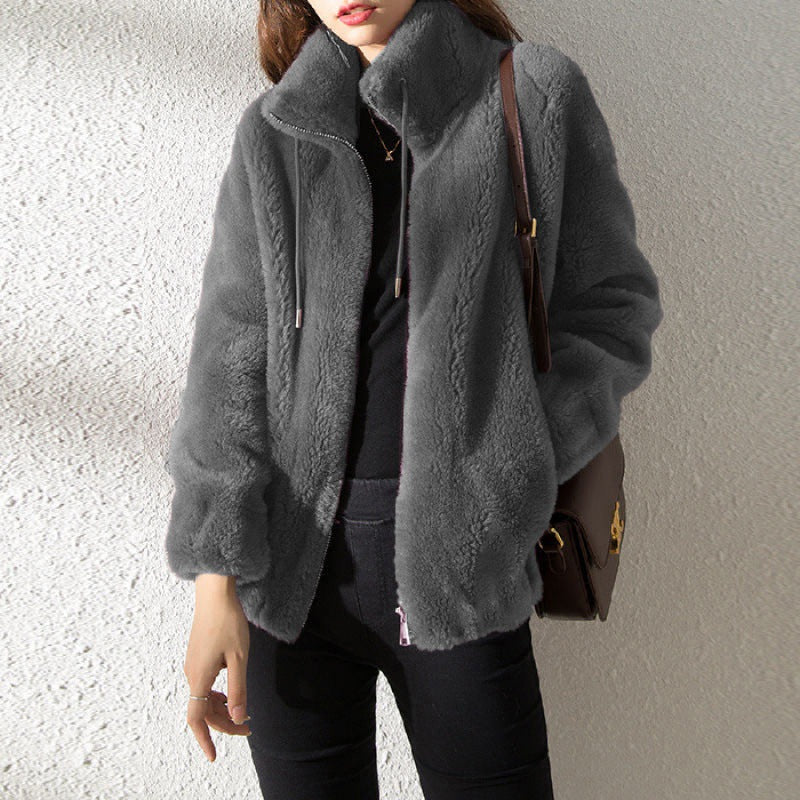 Load image into Gallery viewer, Women Fleece Lined Cardigan Zipper Stand Collar Winter Coat
