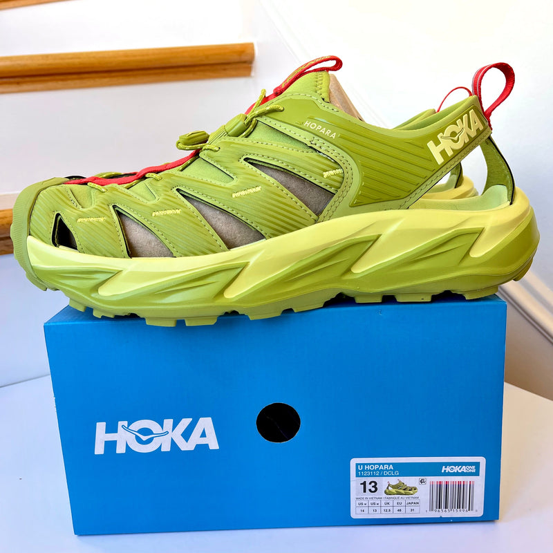 Load image into Gallery viewer, Hoka Hopara Hiking Sandal Wet / Dry shoe in Dark Citron Luminary Green
