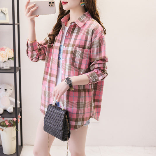 Womens Plaid Long Sleeve Loose Fit Shirt