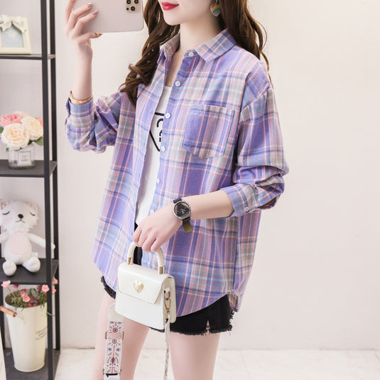 Womens Plaid Long Sleeve Loose Fit Shirt