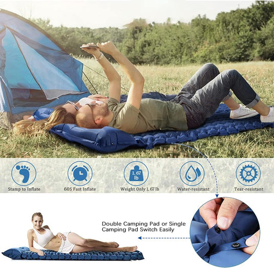 Inflatable Camping Mat, 26.5 Oz Ultralight Backpacking Sleeping Pads with Pillow, 4 Inch Thick Camping Air Pad for Outdoor Travel Hiking Beach