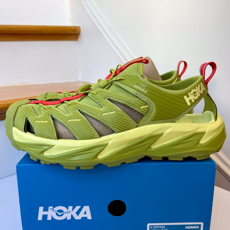 Load image into Gallery viewer, Hoka Hopara Hiking Sandal Wet / Dry shoe in Dark Citron Luminary Green

