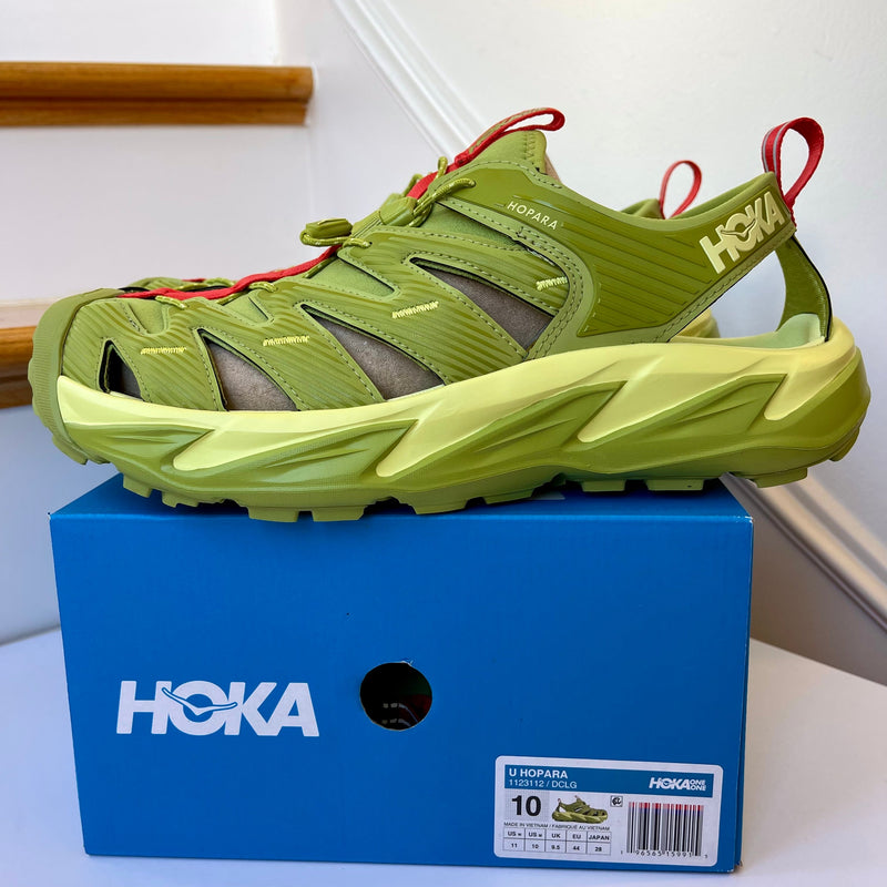Load image into Gallery viewer, Hoka Hopara Hiking Sandal Wet / Dry shoe in Dark Citron Luminary Green
