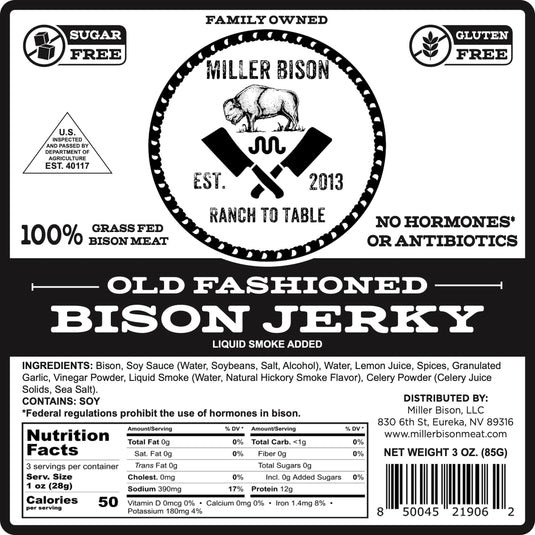 Front and back of a Miller Bison Jerky package label, showing branding, product claims, ingredients, nutrition facts, and barcode information on a black background.