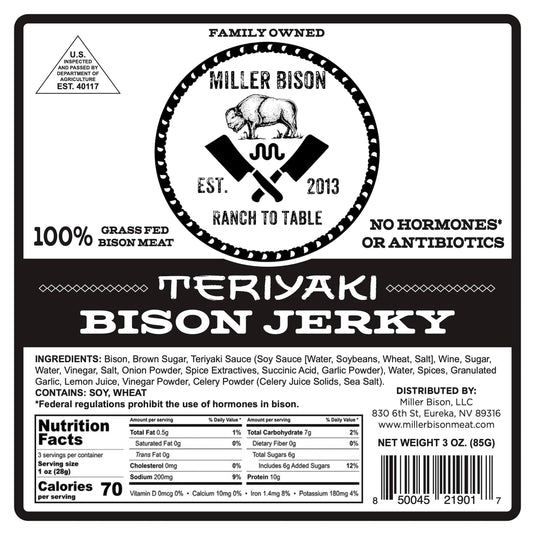 Front label of Miller Bison Teriyaki Bison Jerky, showing the family-owned logo, product name, ingredients, nutrition facts, and barcode on a black background.