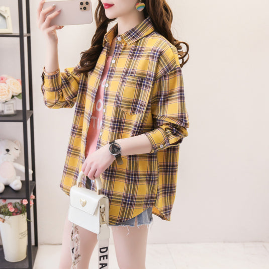 Womens Plaid Long Sleeve Loose Fit Shirt