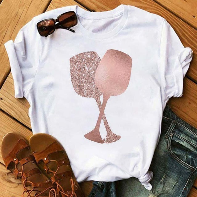 Load image into Gallery viewer, T-shirt Kawaii Rose Gold Wine Glass
