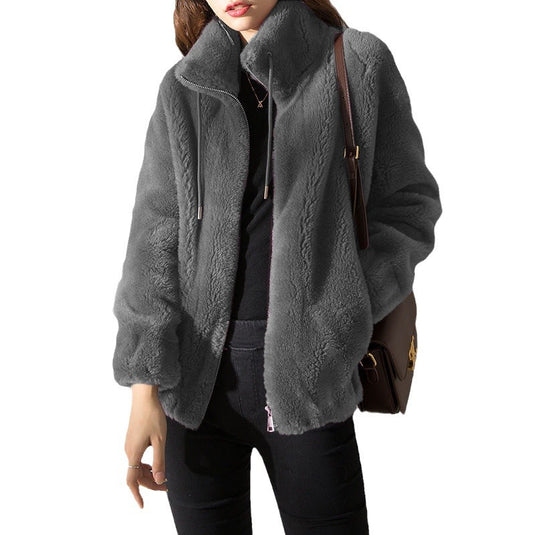 Women Fleece Lined Cardigan Zipper Stand Collar Winter Coat