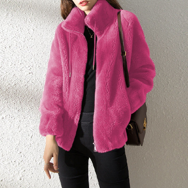Load image into Gallery viewer, Women Fleece Lined Cardigan Zipper Stand Collar Winter Coat
