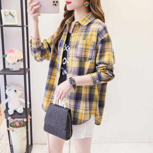 Womens Plaid Long Sleeve Loose Fit Shirt