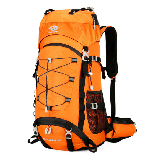 An orange and black hiking backpack with multiple compression straps, a side mesh pocket, and a matching orange backpacking belt, shown on a plain white background.