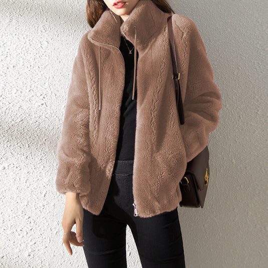 Women Fleece Lined Cardigan Zipper Stand Collar Winter Coat