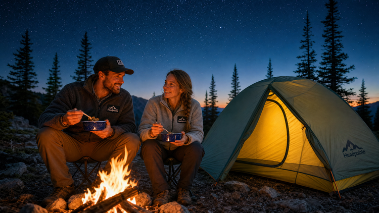 A man and a woman sit by a campfire at night next to a lit tent, wearing matching dark outdoor jackets with a visible Patagonia logo. Pine trees and a starry sky are in the background.