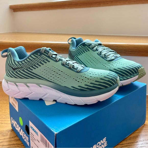 Load image into Gallery viewer, Hoka Clifton 5 Women’s in Lichen / Storm Blue , Brand New Hoka One One
